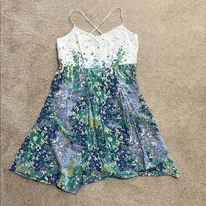 Anthropologie White & Blue Floral A-Line Sundress